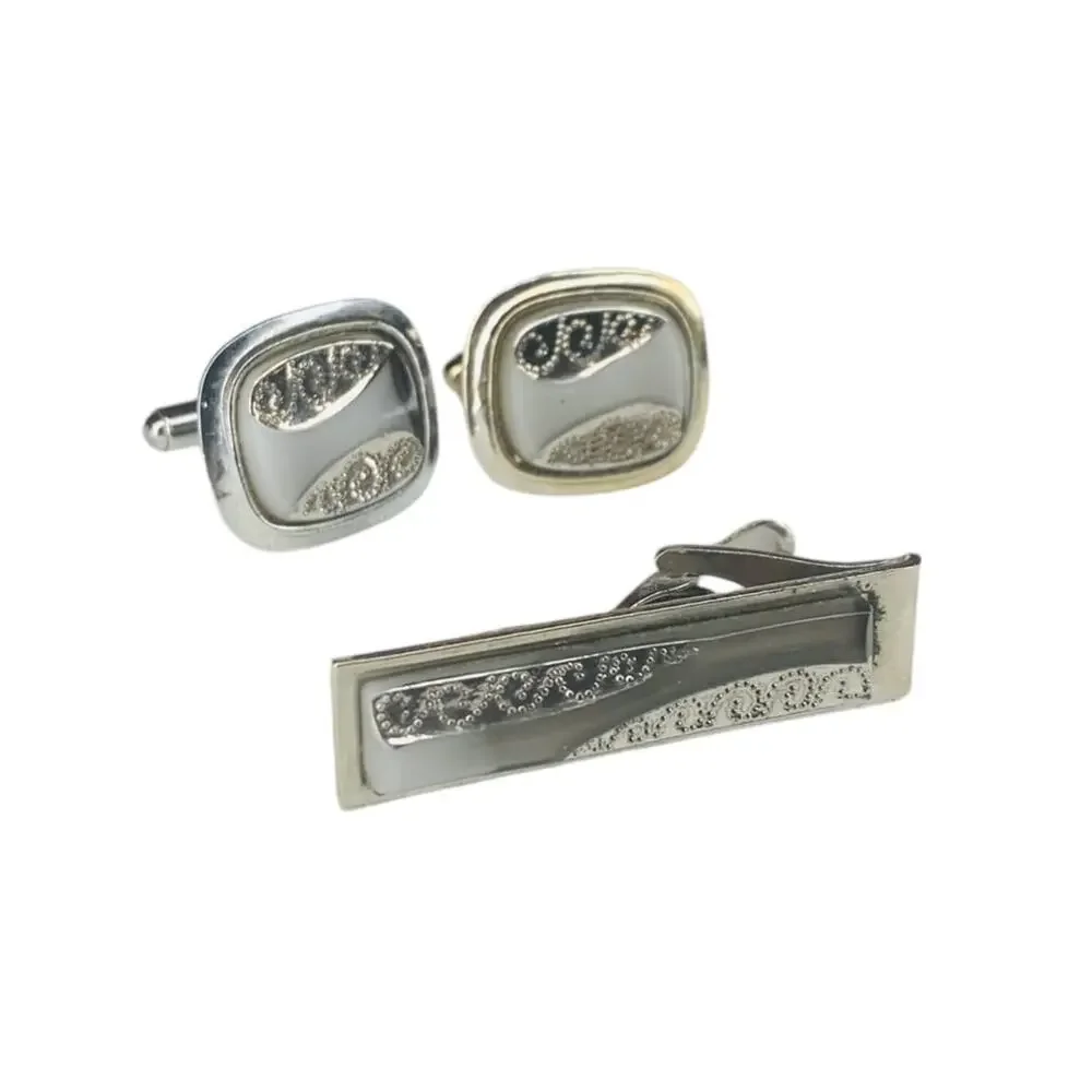 Mens Tie Clip and Pair Cufflinks Set Vintage 1960s Silvertone Gray Stone